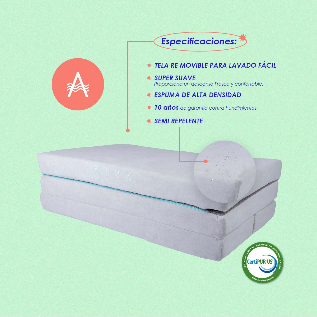 AIRA FOLD Colchon individual Memory Foam Plegable Multiusos Anti acaros, Cool Gel en Caja 4" (10cm) - AIRA SLEEP Colchones Memory Foam | Descuentos