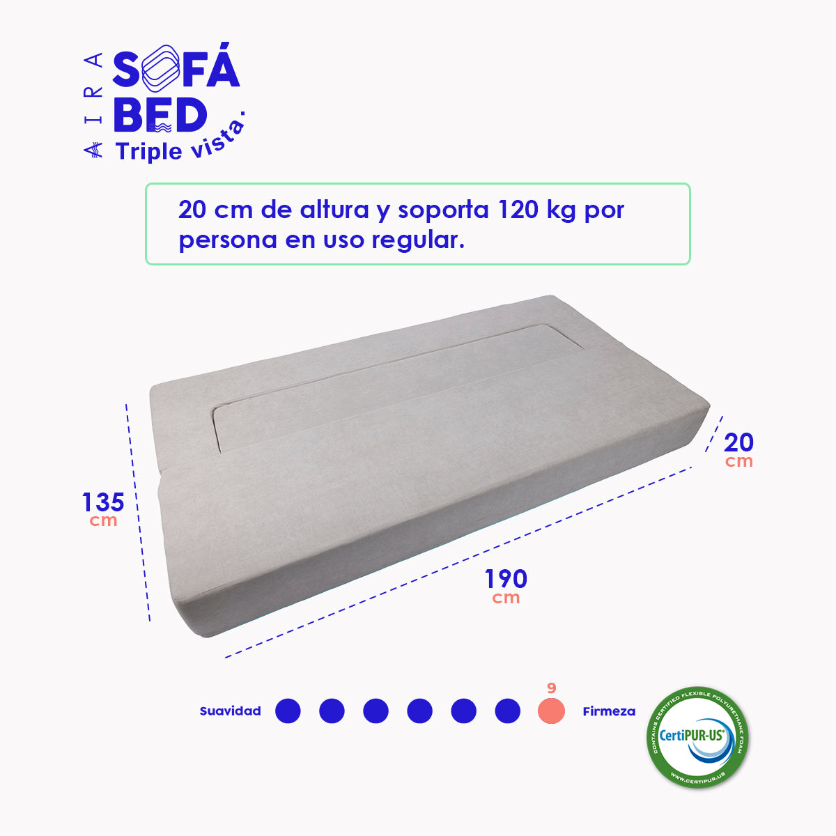AIRA Sofa Bed colchón sillón 3 EN 1 8" (20cm) - AIRA SLEEP Colchones Memory Foam | Descuentos